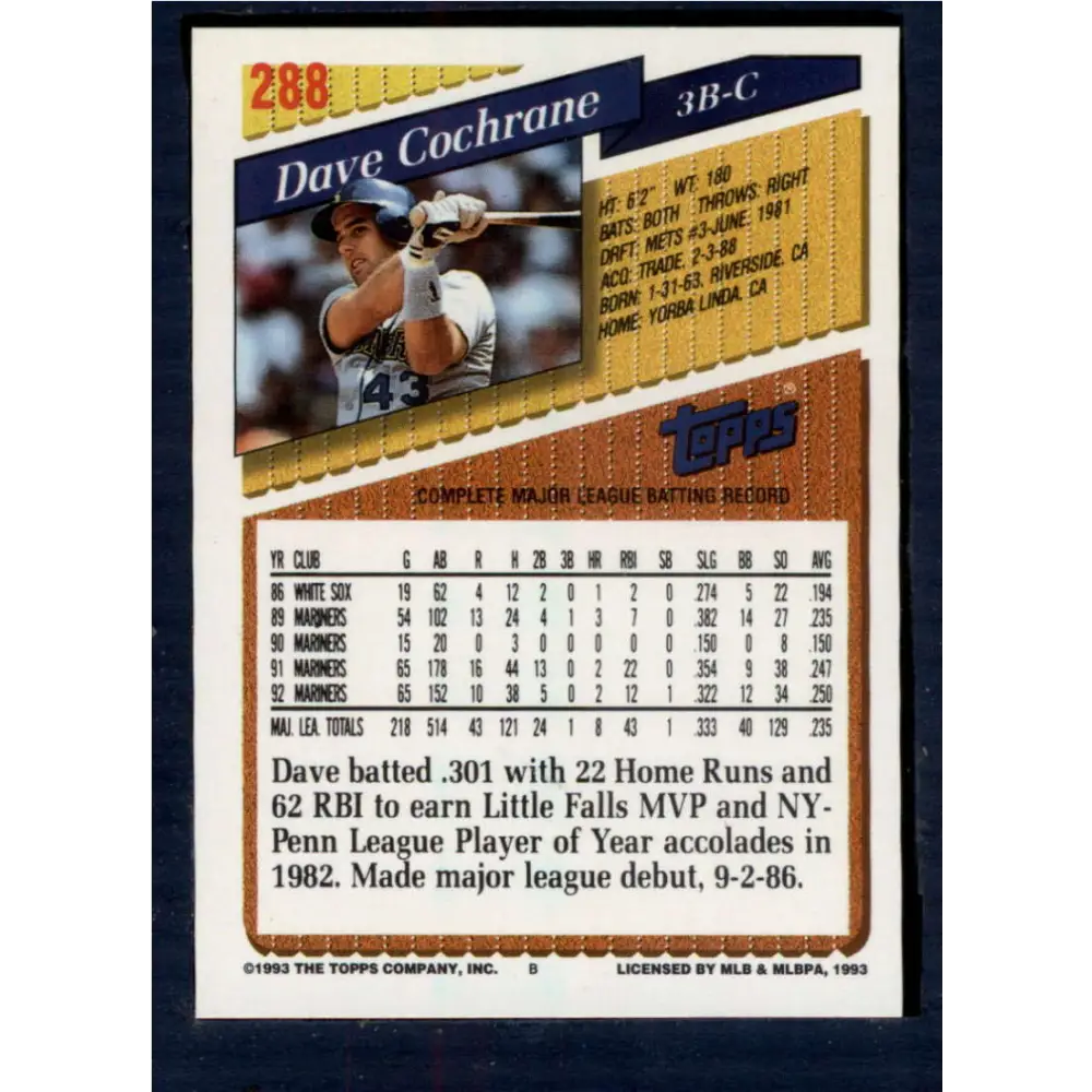 1993 Topps #288 Dave Cochrane NM-MT Seattle Mariners Baseball Card  Image 2