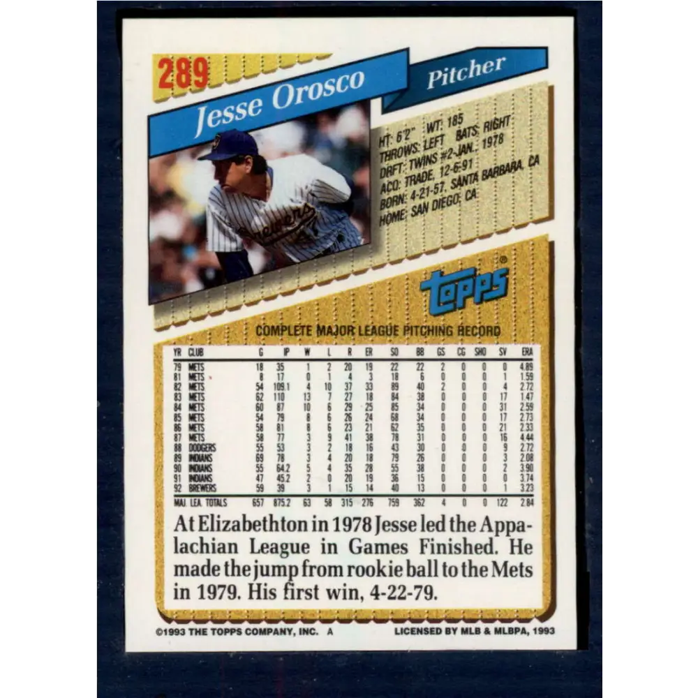 1993 Topps #289 Jesse Orosco NM-MT Milwaukee Brewers Baseball Card  Image 2