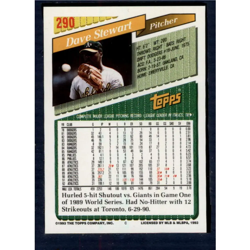 1993 Topps #290 Dave Stewart NM-MT Oakland Athletics Baseball Card  Image 2