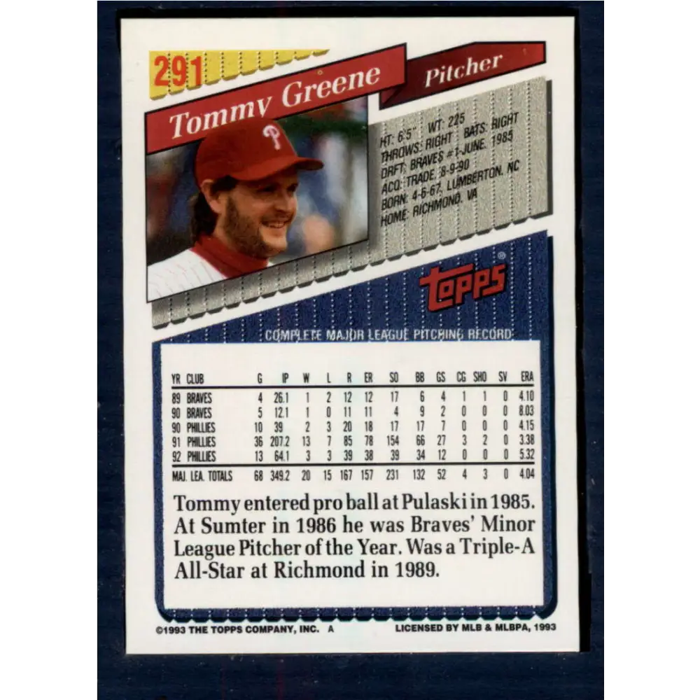 1993 Topps #291 Tommy Greene NM-MT Philadelphia Phillies Baseball Card  Image 2