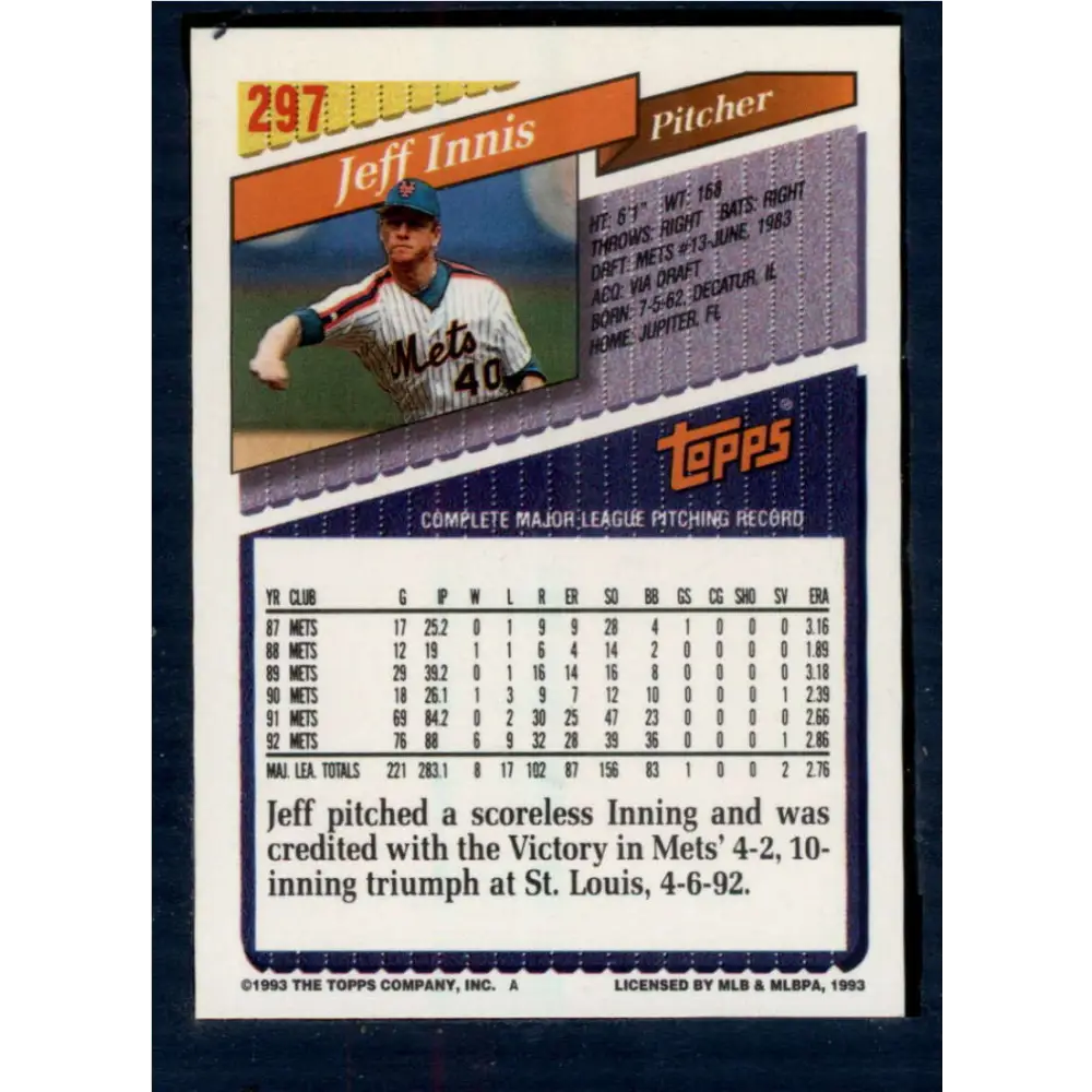 1993 Topps #297 Jeff Innis NM-MT New York Mets Baseball Card  Image 2