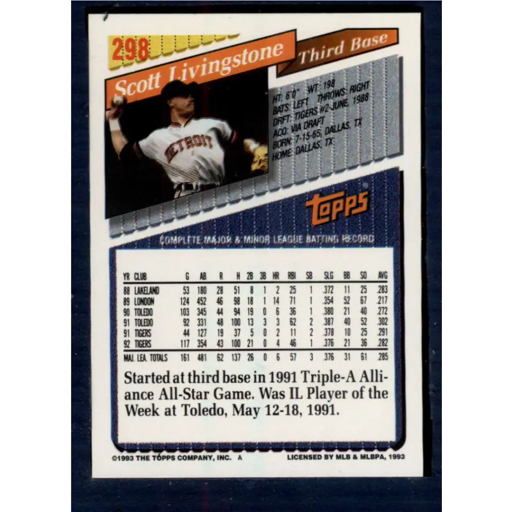 1993 Topps #298 Scott Livingstone NM-MT Detroit Tigers Baseball Card  Image 2