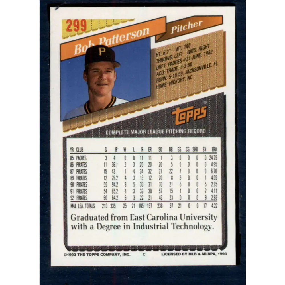 1993 Topps #299 Bob Patterson NM-MT Pittsburgh Pirates Baseball Card  Image 2