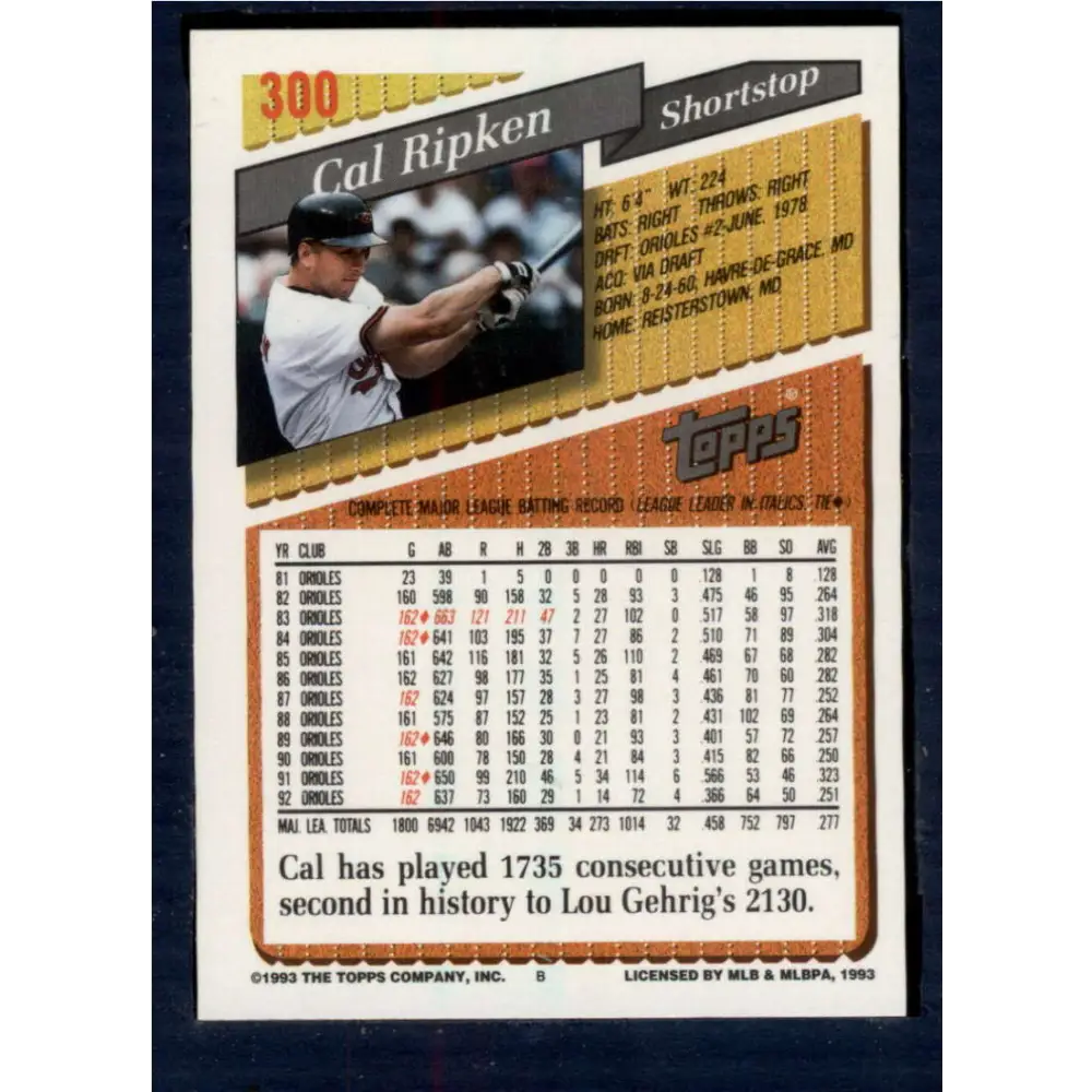 1993 Topps #300 Cal Ripken Jr. NM-MT Baltimore Orioles Baseball Card  Image 2