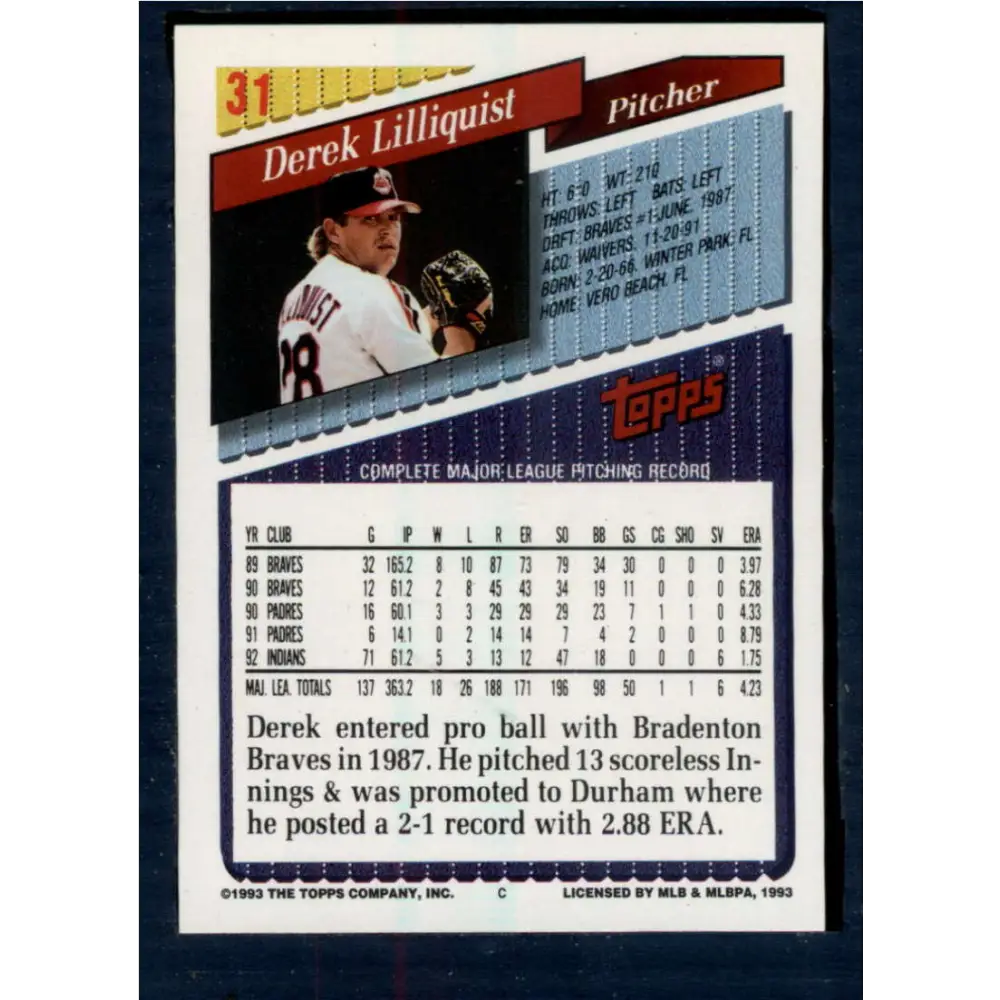 1993 Topps #31 Derek Lilliquist NM-MT Cleveland Indians Baseball Card  Image 2