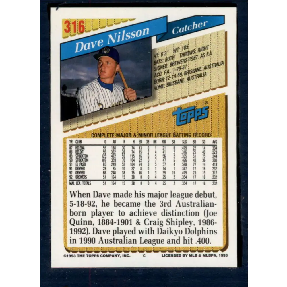 1993 Topps #316 Dave Nilsson NM-MT Milwaukee Brewers Baseball Card  Image 2