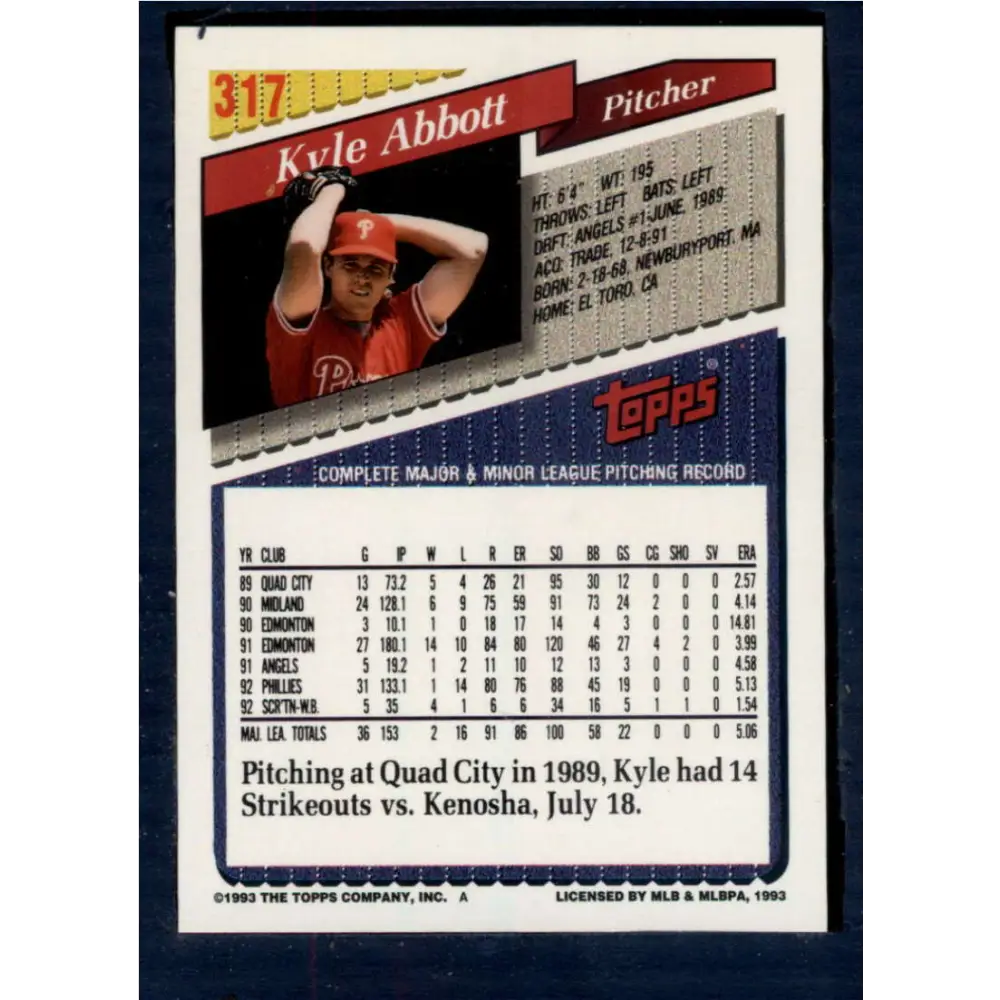 1993 Topps #317 Kyle Abbott NM-MT Philadelphia Phillies Baseball Card  Image 2
