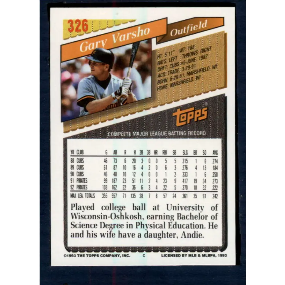 1993 Topps #326 Gary Varsho NM-MT Pittsburgh Pirates Baseball Card  Image 2