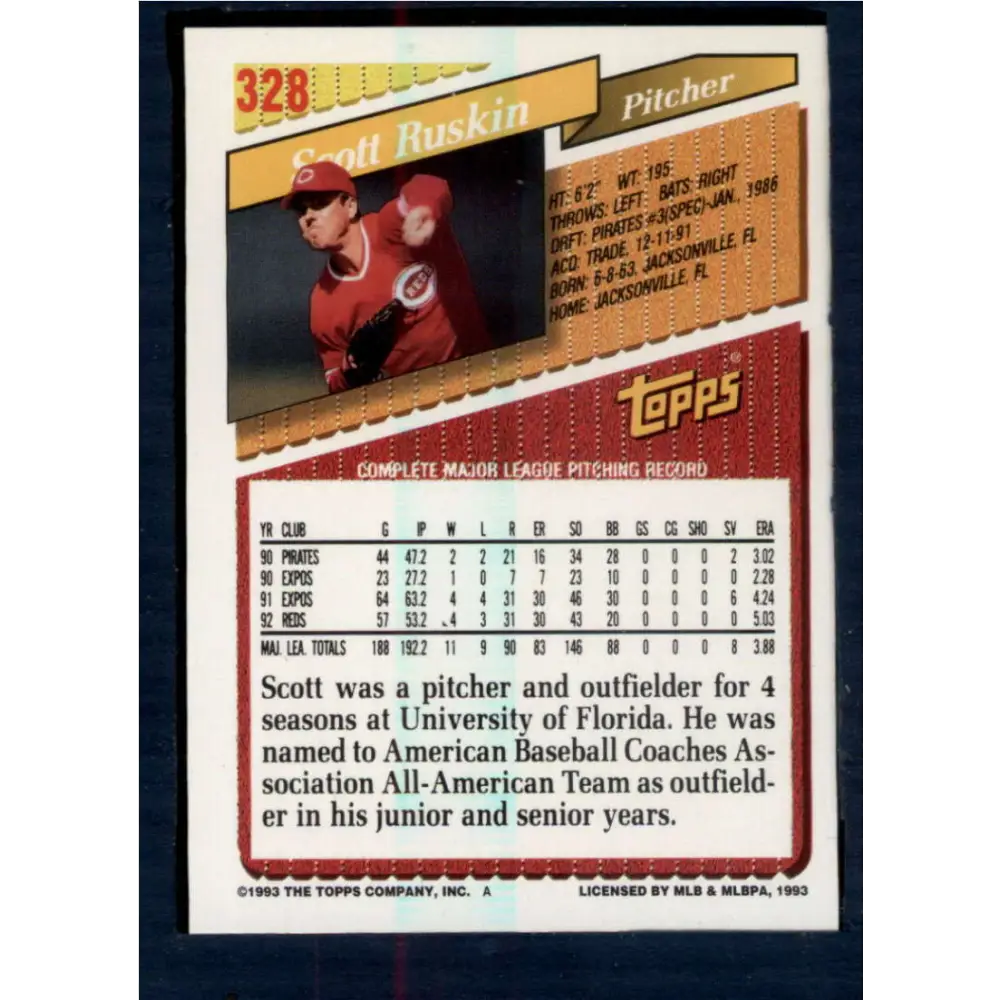1993 Topps #328 Scott Ruskin NM-MT Cincinnati Reds Baseball Card  Image 2