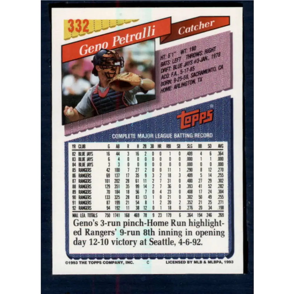1993 Topps #332 Geno Petralli NM-MT Texas Rangers Baseball Card  Image 2