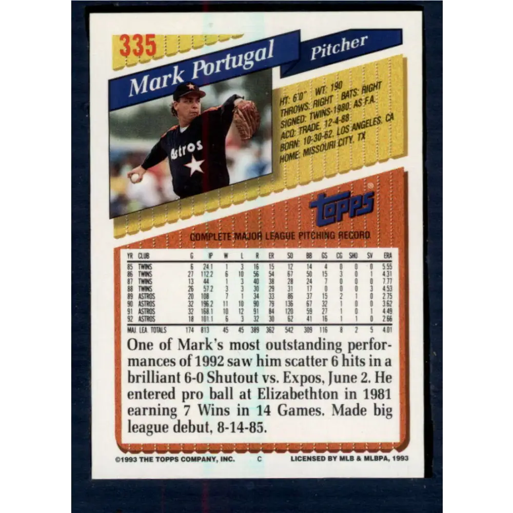 1993 Topps #335 Mark Portugal NM-MT Houston Astros Baseball Card  Image 2