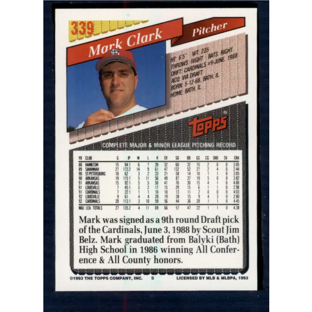 1993 Topps #339 Mark Clark NM-MT St. Louis Cardinals Baseball Card  Image 2