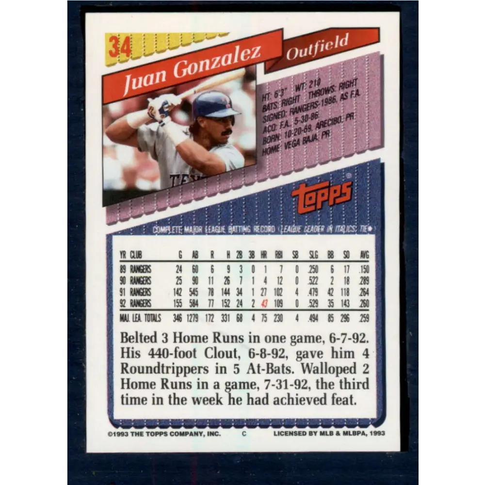 1993 Topps #34 Juan Gonzalez NM-MT Texas Rangers Baseball Card  Image 2