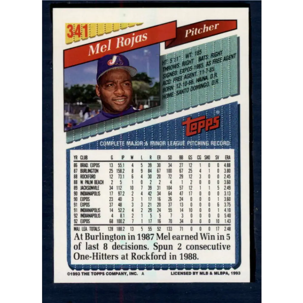 1993 Topps #341 Mel Rojas NM-MT Montreal Expos Baseball Card  Image 2