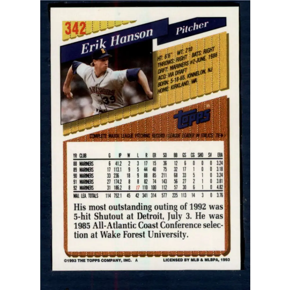 1993 Topps #342 Erik Hanson NM-MT Seattle Mariners Baseball Card  Image 2