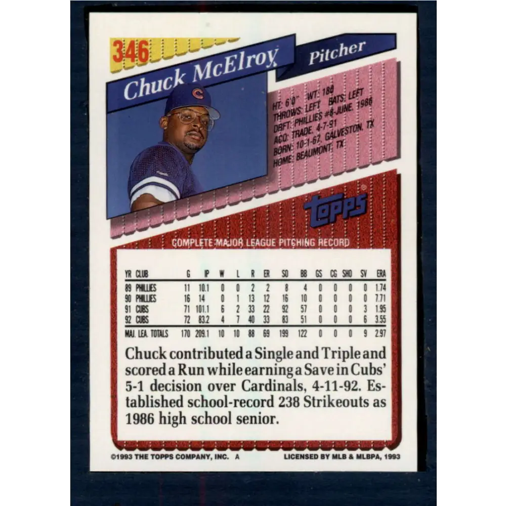 1993 Topps #346 Chuck McElroy NM-MT Chicago Cubs Baseball Card  Image 2