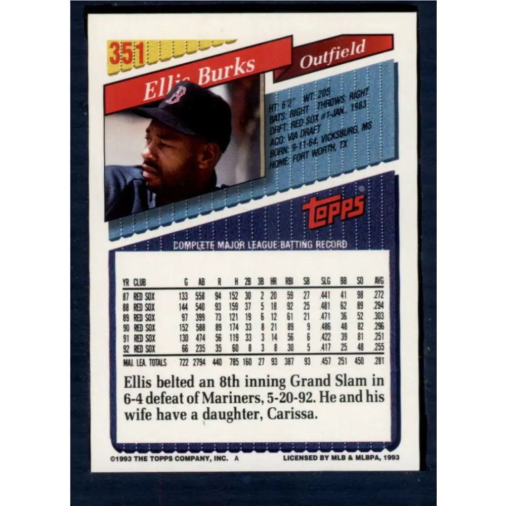 1993 Topps #351 Ellis Burks NM-MT Boston Red Sox Baseball Card  Image 2
