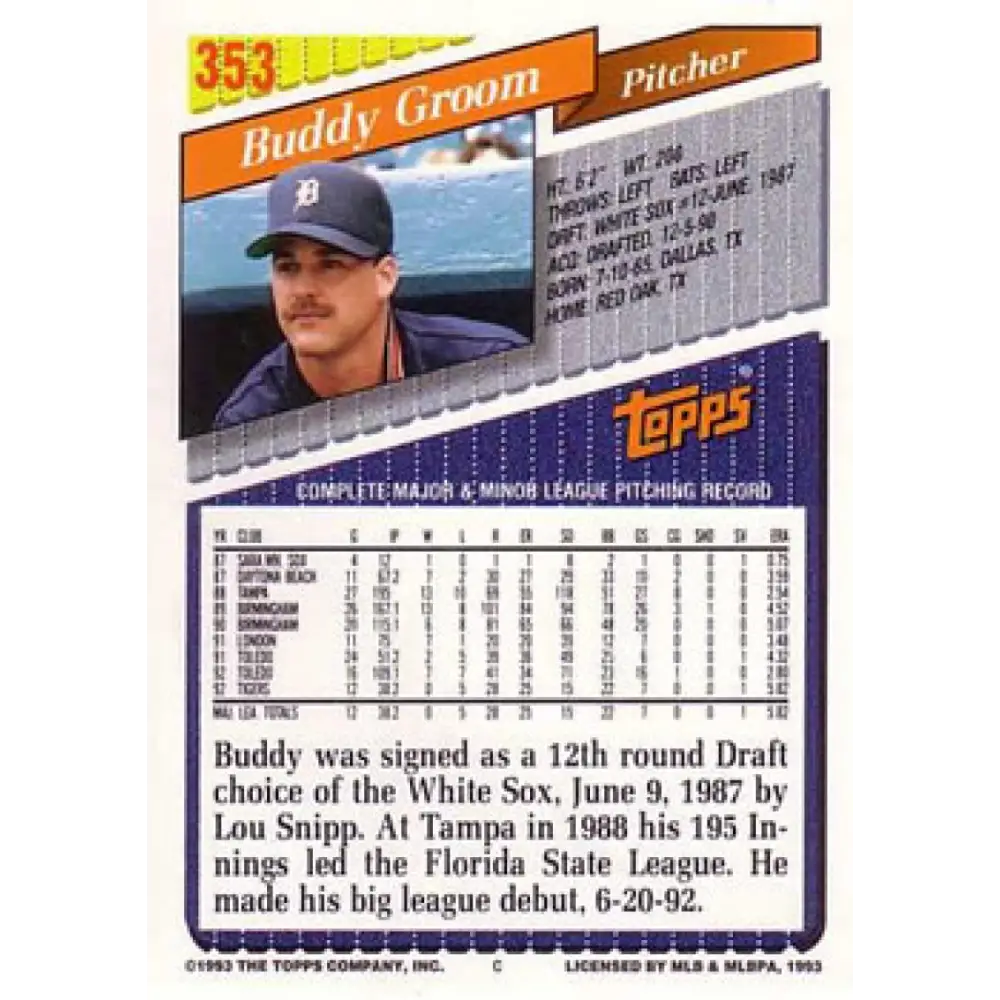 1993 Topps #353 Buddy Groom NM-MT Detroit Tigers Baseball Card  Image 2