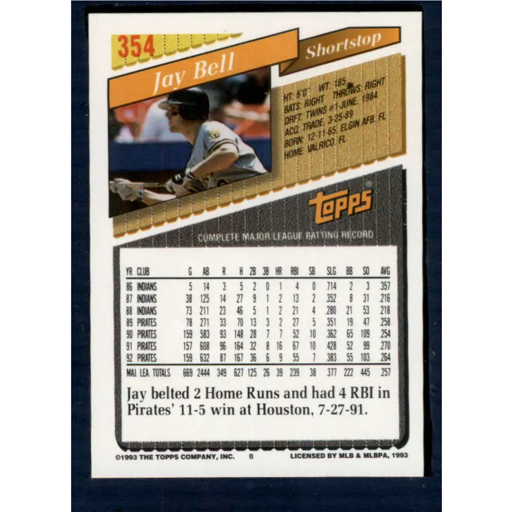 1993 Topps #354 Jay Bell NM-MT Pittsburgh Pirates Baseball Card  Image 2