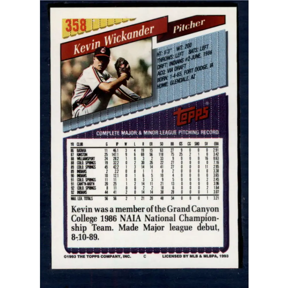 1993 Topps #358 Kevin Wickander NM-MT Cleveland Indians Baseball Card  Image 2