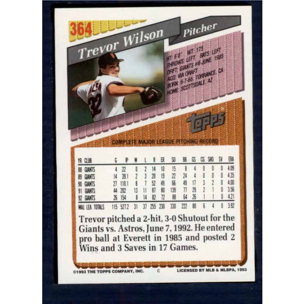 1993 Topps #364 Trevor Wilson NM-MT San Francisco Giants Baseball Card  Image 2