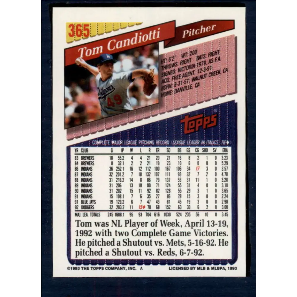 1993 Topps #365 Tom Candiotti NM-MT Los Angeles Dodgers Baseball Card  Image 2