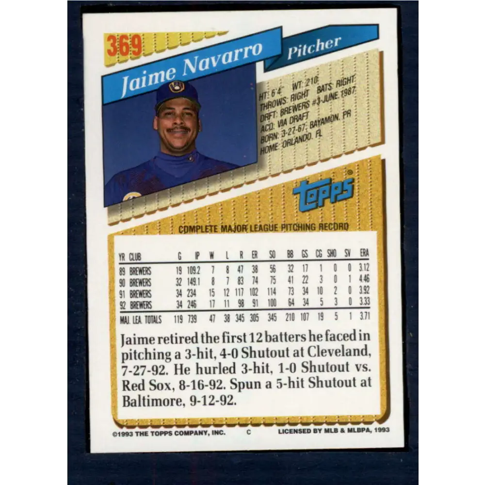 1993 Topps #369 Jaime Navarro NM-MT Milwaukee Brewers Baseball Card  Image 2