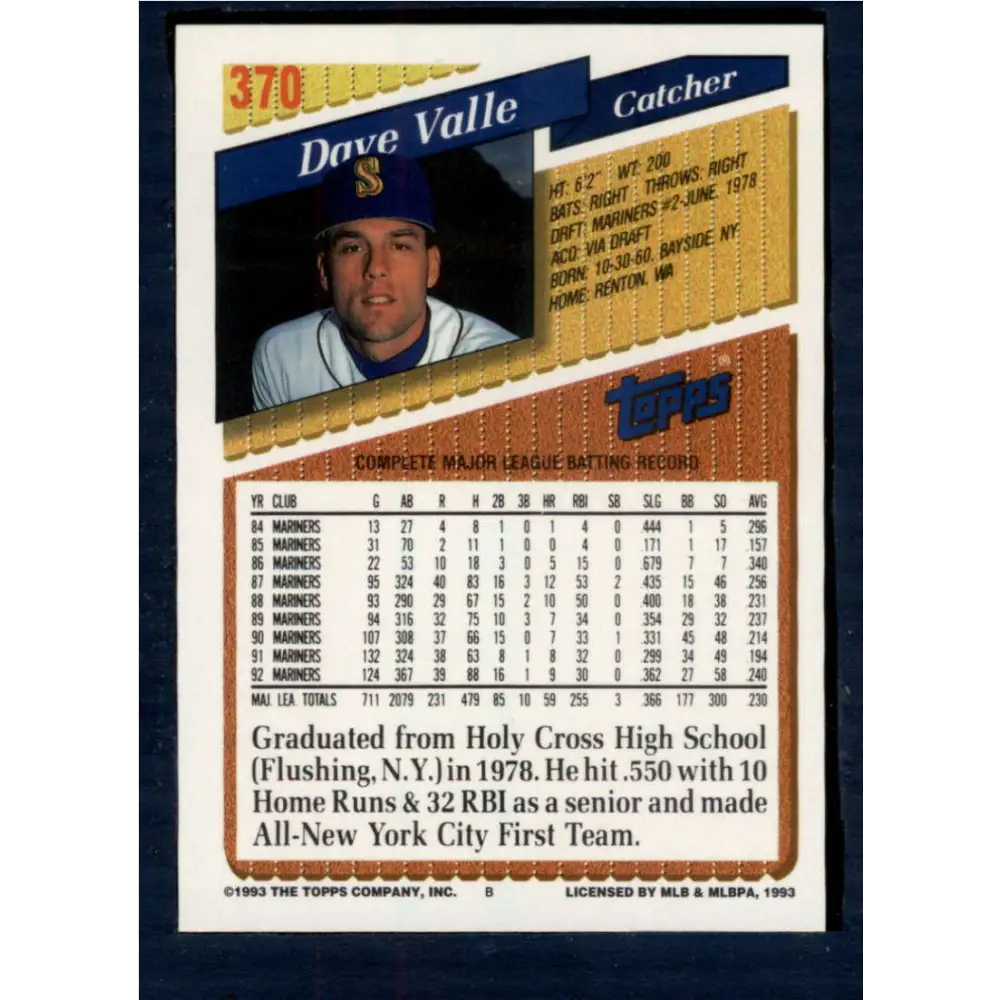 1993 Topps #370 Dave Valle NM-MT Seattle Mariners Baseball Card  Image 2