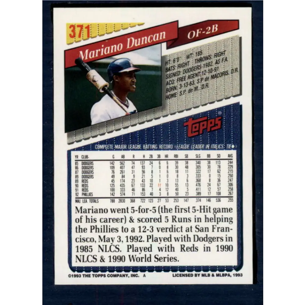 1993 Topps #371 Mariano Duncan NM-MT Philadelphia Phillies Baseball Card  Image 2