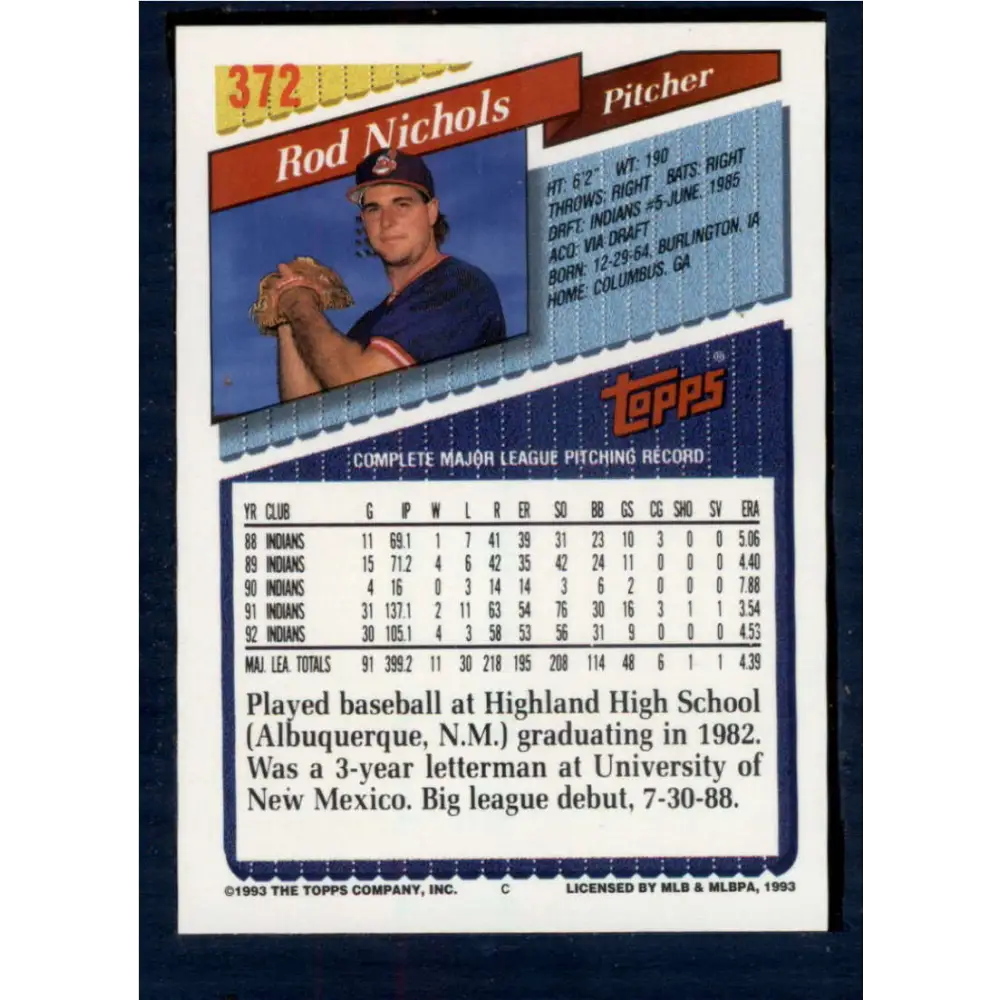 1993 Topps #372 Rod Nichols NM-MT Cleveland Indians Baseball Card  Image 2