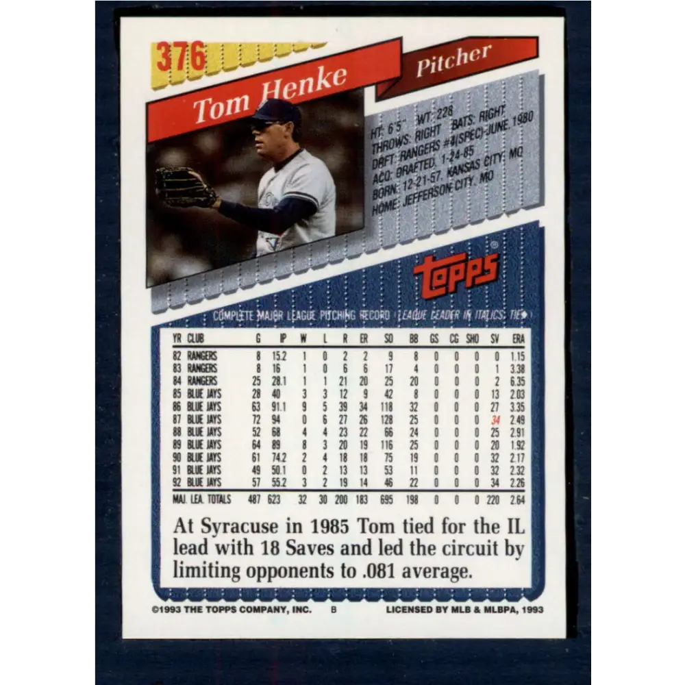 1993 Topps #376 Tom Henke NM-MT Toronto Blue Jays Baseball Card  Image 2