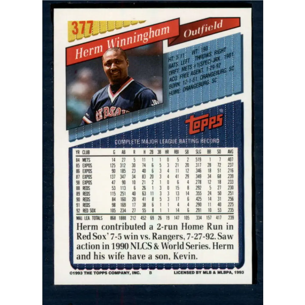 1993 Topps #377 Herm Winningham NM-MT Boston Red Sox Baseball Card  Image 2
