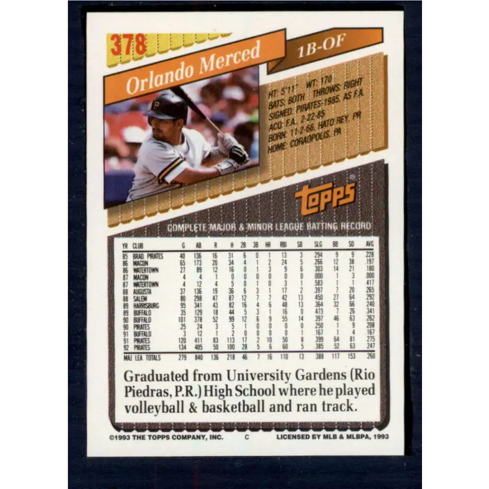 1993 Topps #378 Orlando Merced NM-MT Pittsburgh Pirates Baseball Card  Image 2