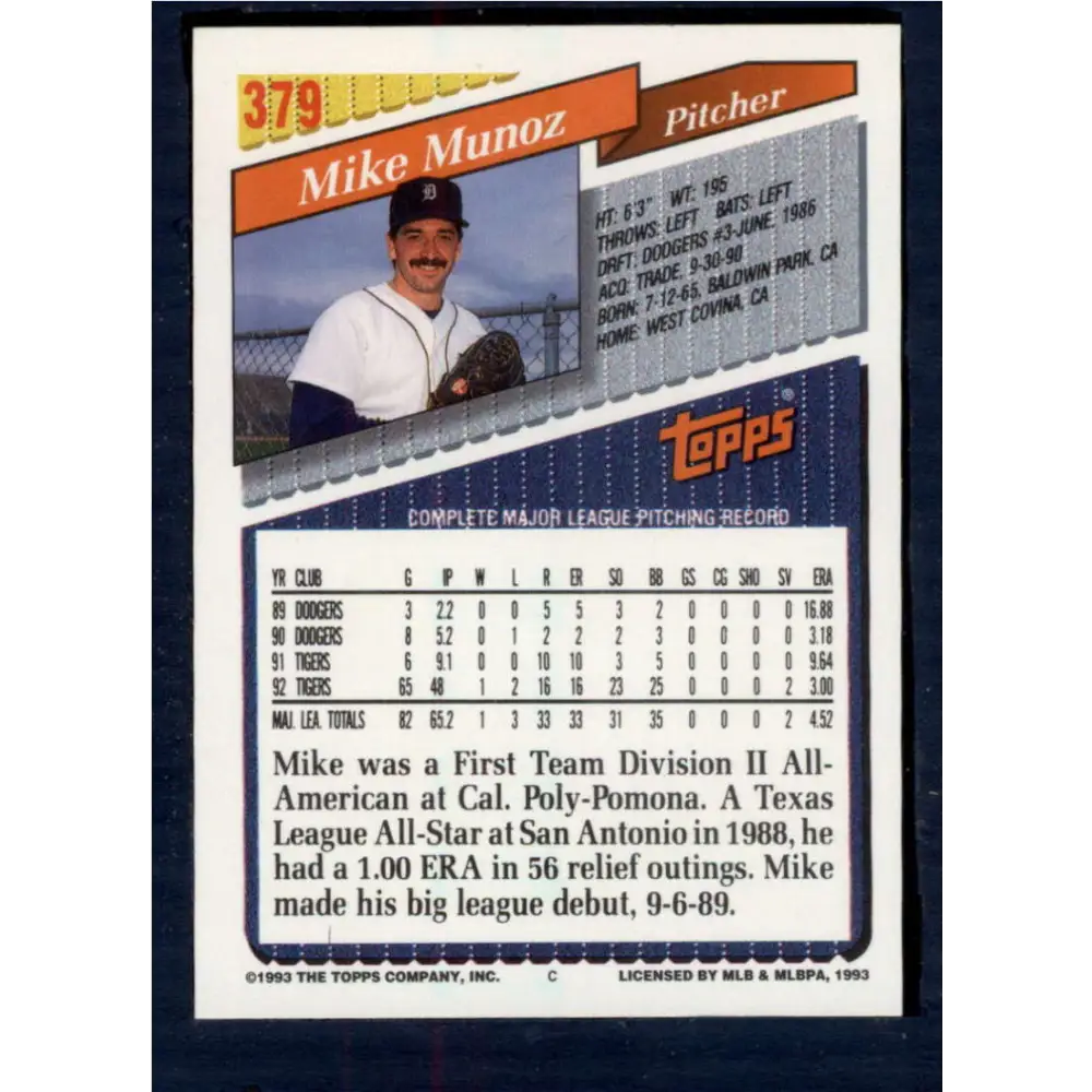 1993 Topps #379 Mike Munoz NM-MT Detroit Tigers Baseball Card  Image 2
