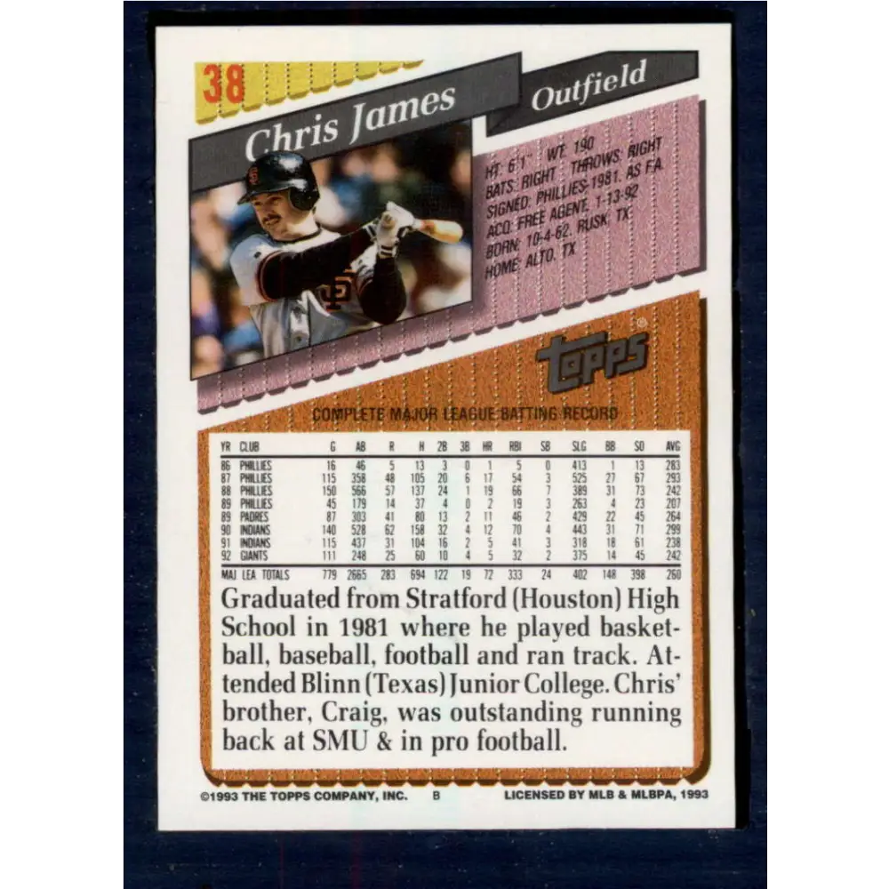 1993 Topps #38 Chris James NM-MT San Francisco Giants Baseball Card  Image 2