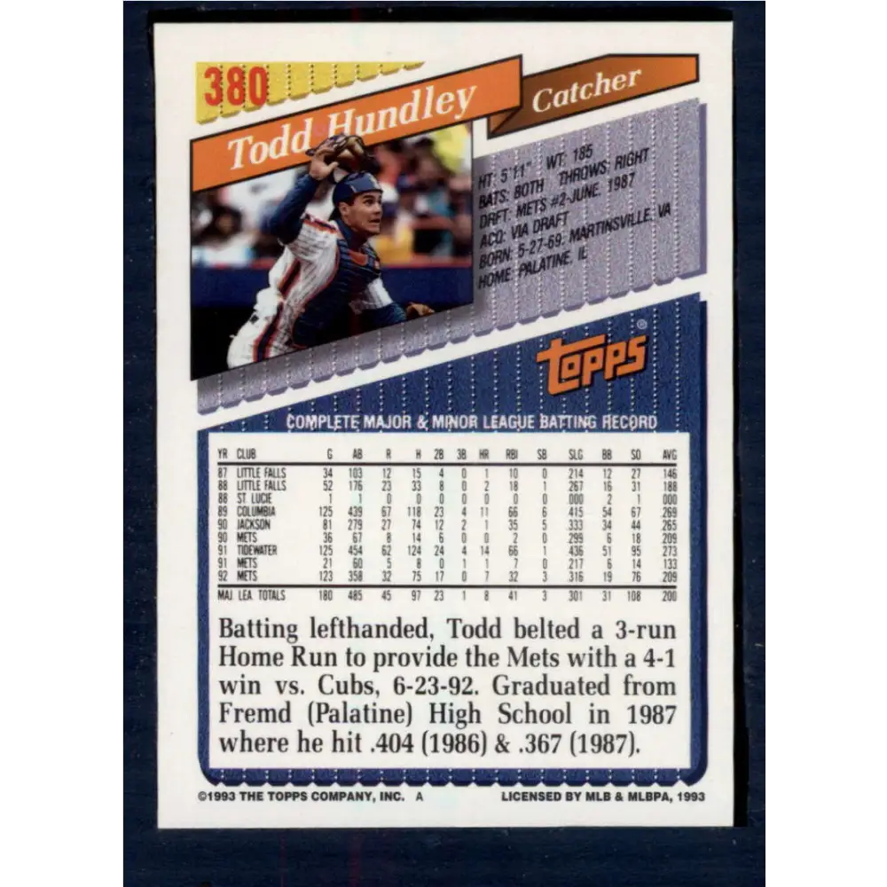 1993 Topps #380 Todd Hundley NM-MT New York Mets Baseball Card  Image 2