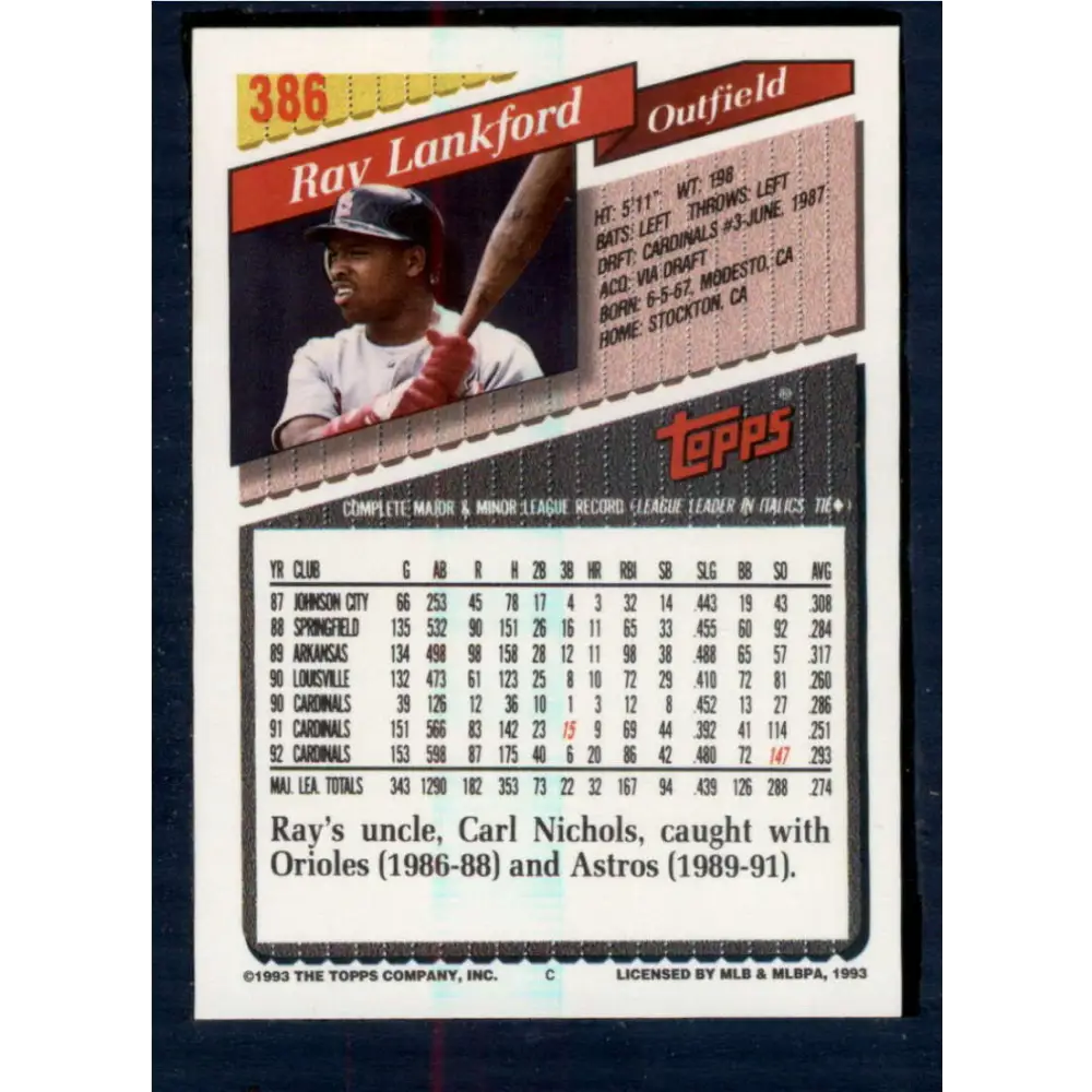 1993 Topps #386 Ray Lankford NM-MT St. Louis Cardinals Baseball Card  Image 2