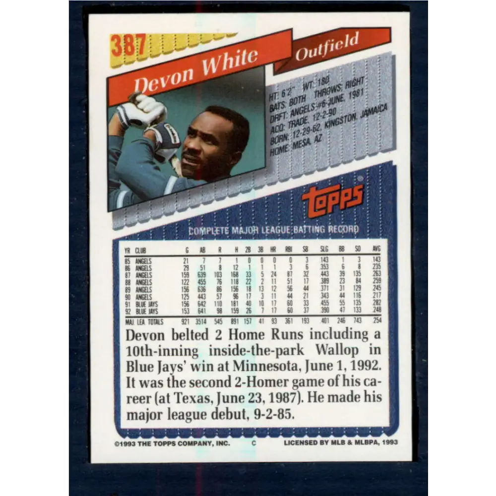 1993 Topps #387 Devon White NM-MT Toronto Blue Jays Baseball Card  Image 2
