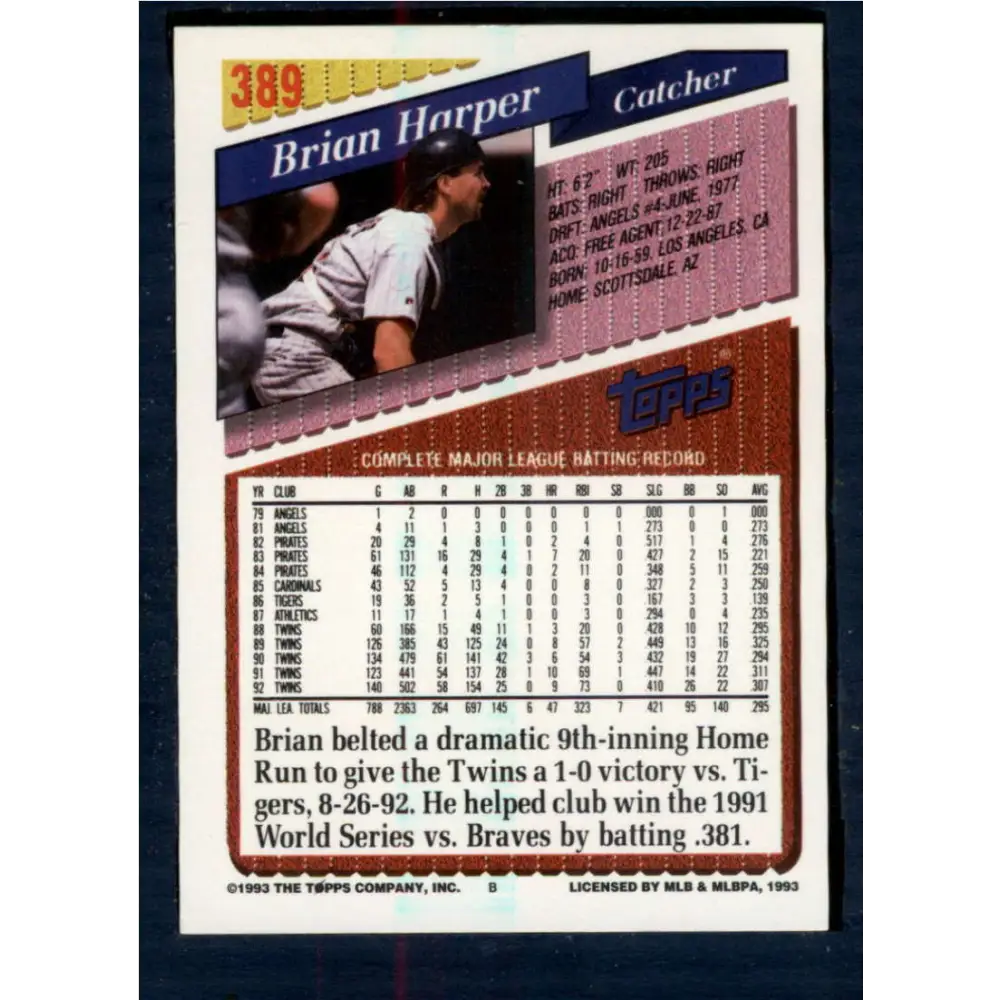 1993 Topps #389 Brian Harper NM-MT Minnesota Twins Baseball Card  Image 2