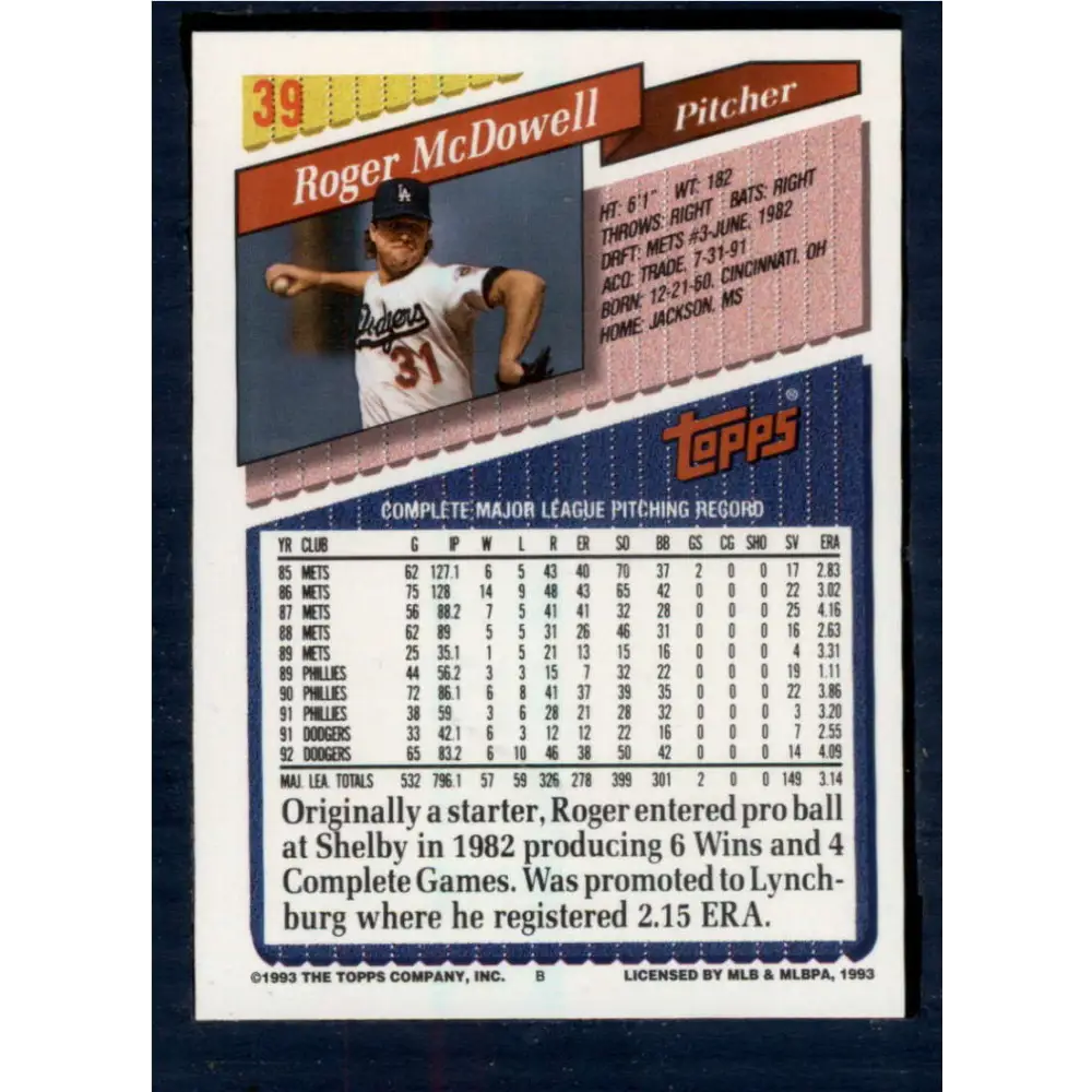 1993 Topps #39 Roger McDowell NM-MT Los Angeles Dodgers Baseball Card  Image 2