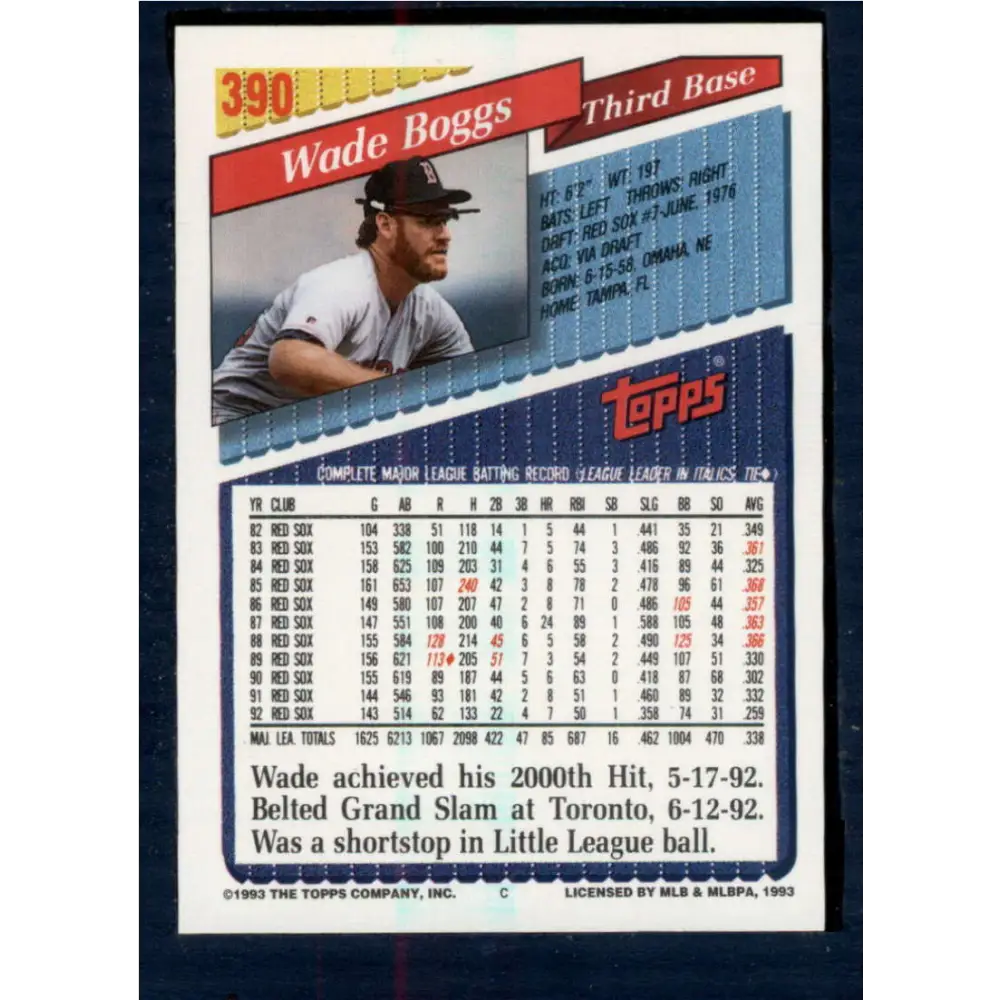 1993 Topps #390 Wade Boggs NM-MT Boston Red Sox Baseball Card  Image 2