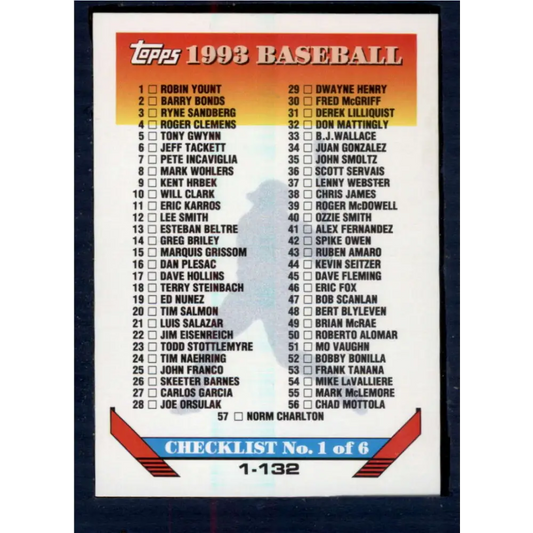 1993 Topps #394 Checklist 1-132 NM-MT checklist Baseball Card  Image 1