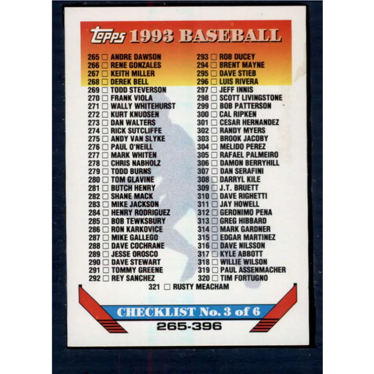 1993 Topps #396 Checklist 265-396 NM-MT Checklist Baseball Card  Image 1