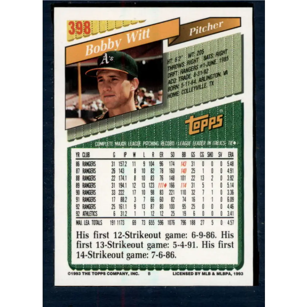 1993 Topps #398 Bobby Witt NM-MT Oakland Athletics Baseball Card  Image 2