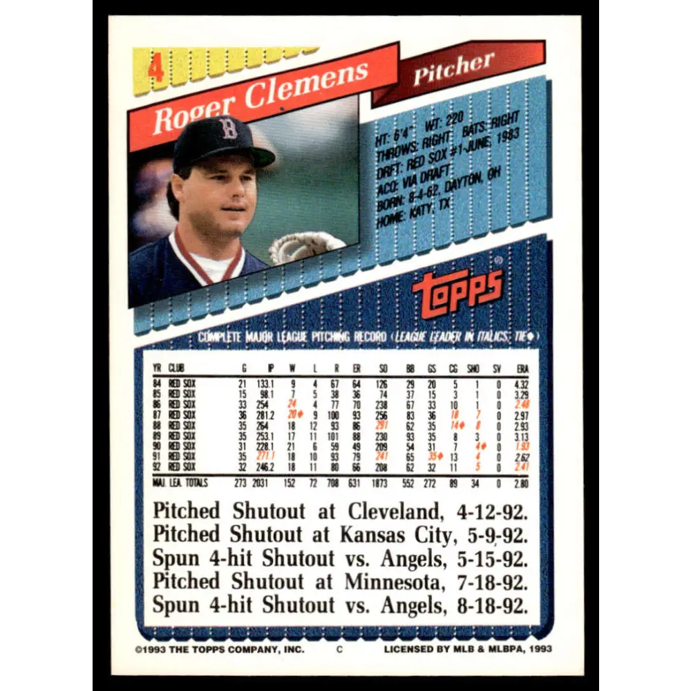 1993 Topps #4 Roger Clemens EX/NM Boston Red Sox Baseball Card Image 2