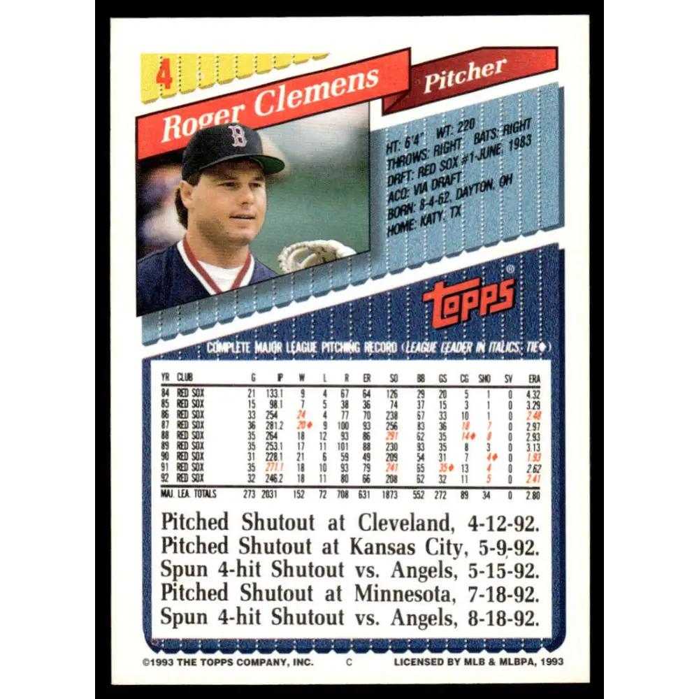 1993 Topps #4 Roger Clemens EX/NM Boston Red Sox Baseball Card Image 2