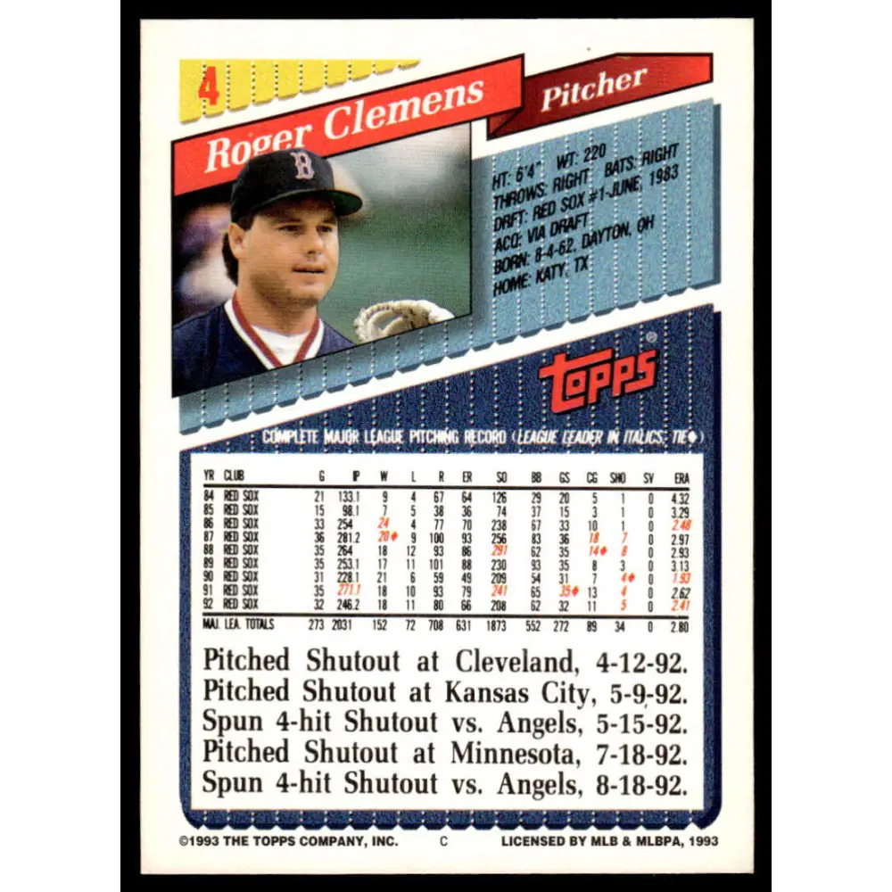 1993 Topps #4 Roger Clemens EX/NM Boston Red Sox Baseball Card Image 2