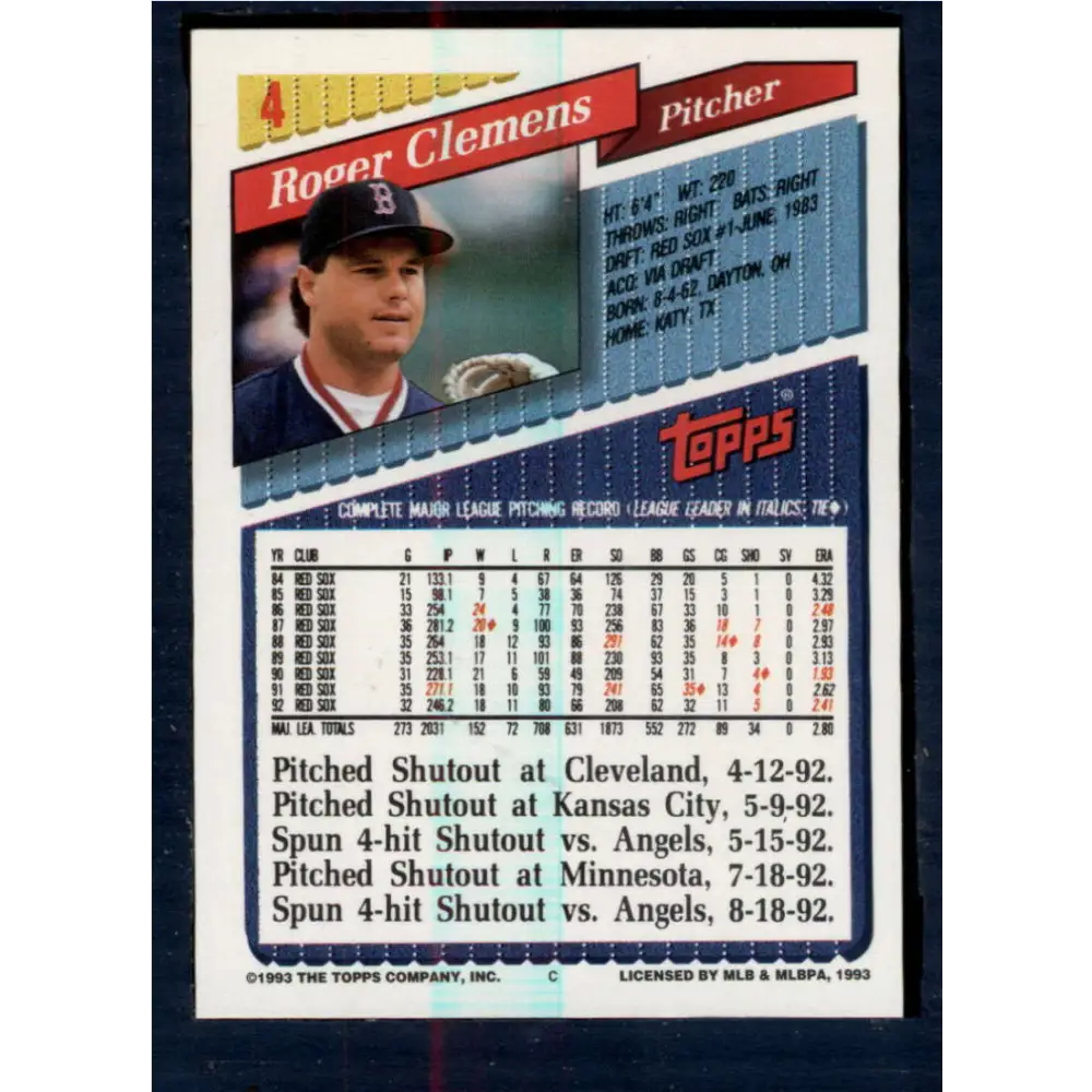 1993 Topps #4 Roger Clemens NM-MT Boston Red Sox Baseball Card  Image 2
