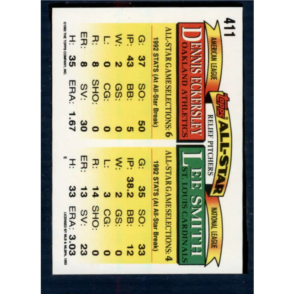 1993 Topps #411 Lee Smith/Dennis Eckersley NM-MT St. Louis Cardinals/Oakland Athletics Baseball Card  Image 2