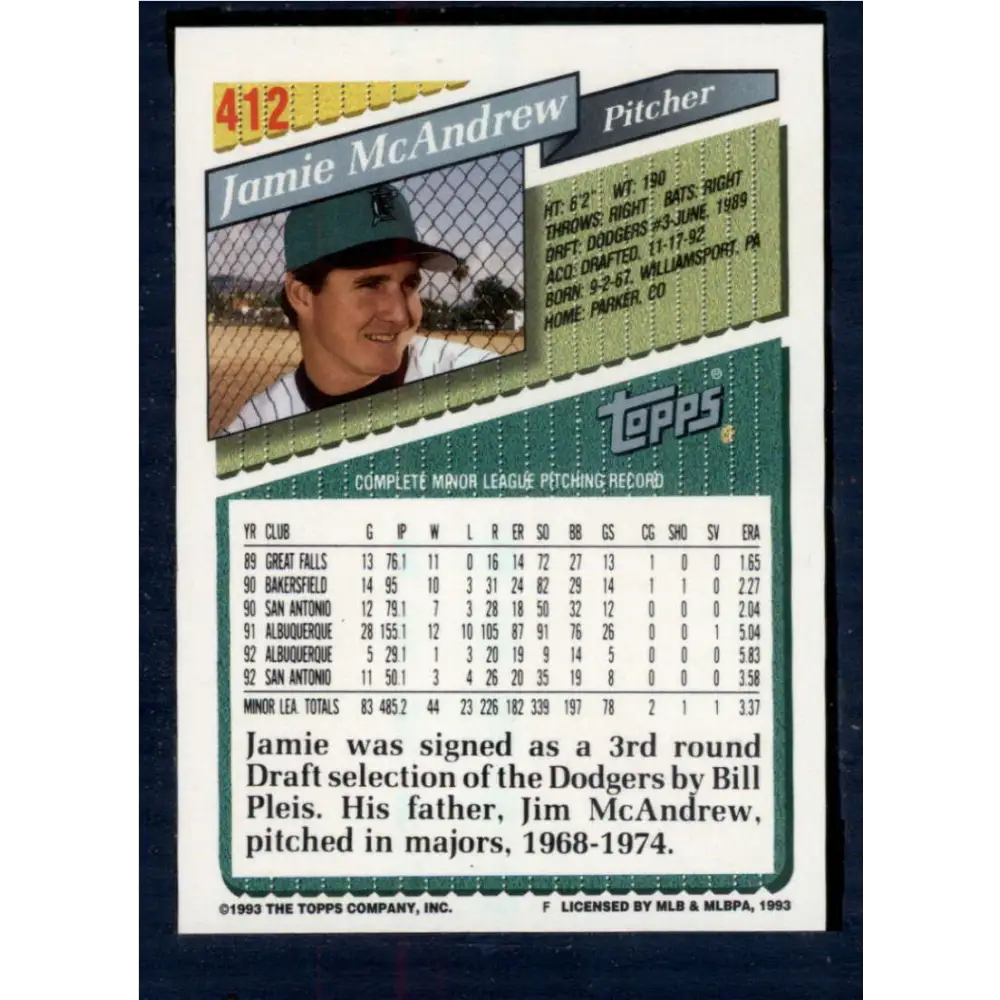 1993 Topps #412 Jamie McAndrew NM-MT Florida Marlins Baseball Card  Image 2